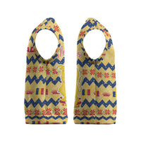 Chad Christmas Knitted V-Neck Vest with Yellow-Blue Geometric Design, National Coat of Arms, and Festive Motif - Wonder Print Shop