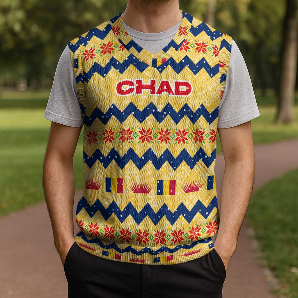 Chad Christmas Knitted V-Neck Vest with Yellow-Blue Geometric Design, National Coat of Arms, and Festive Motif - Wonder Print Shop