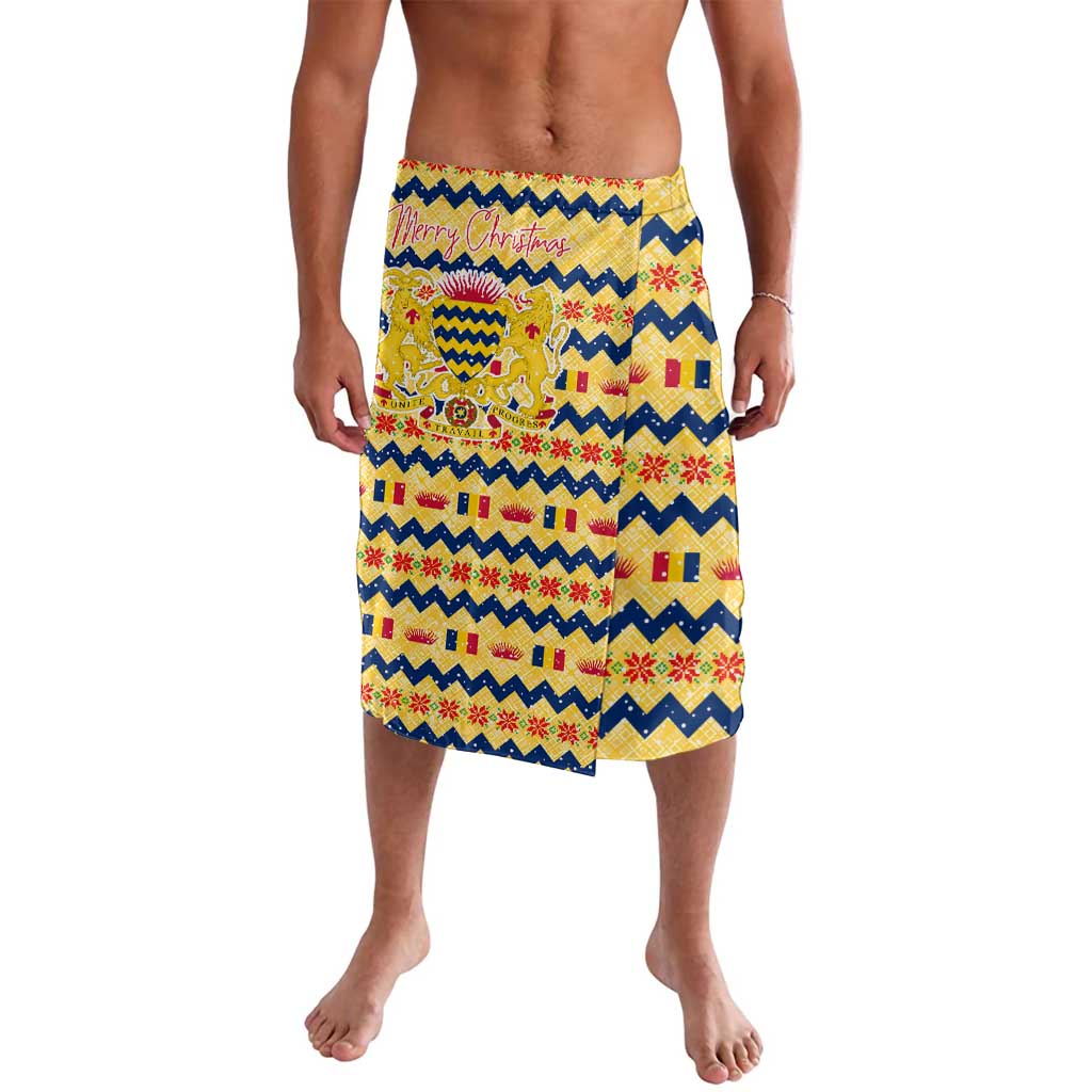 Chad Christmas Lavalava with Yellow-Blue Geometric Design, National Coat of Arms, and Festive Motif - Wonder Print Shop