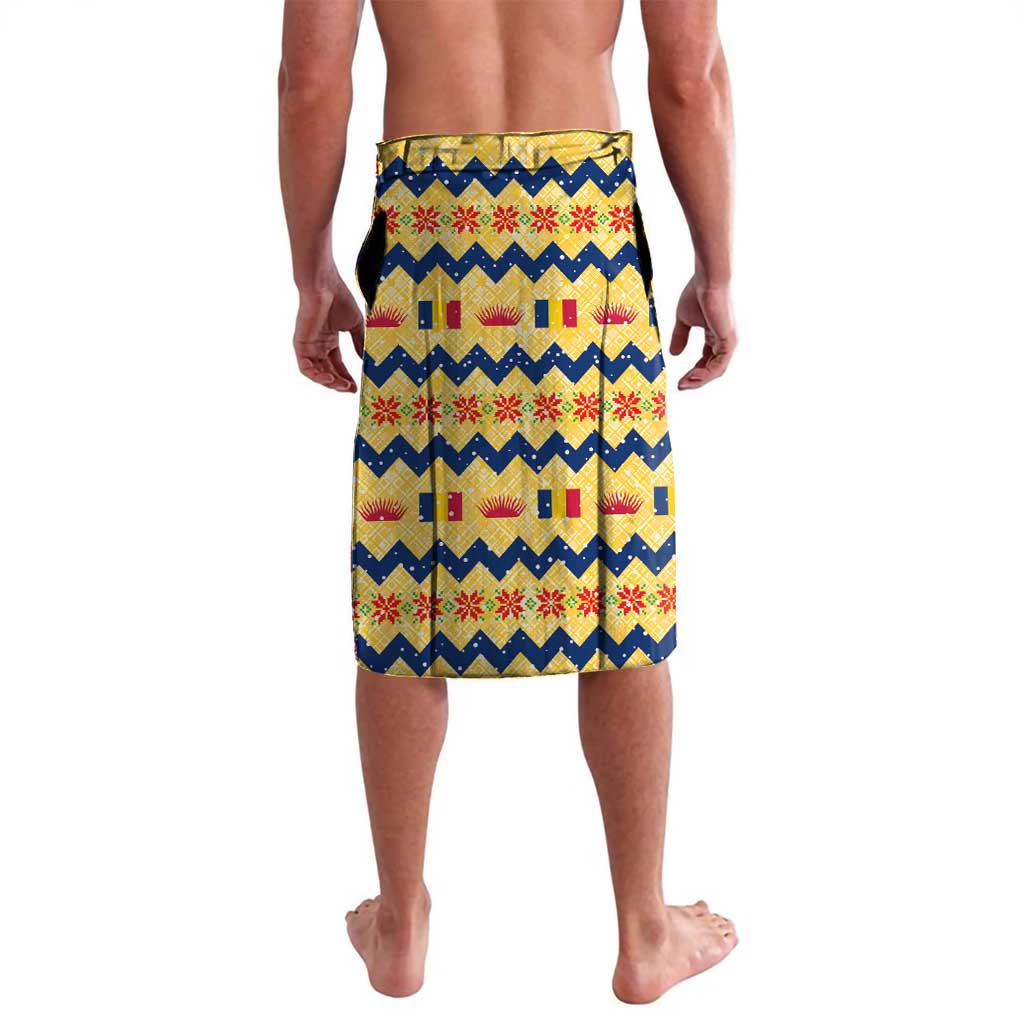 Chad Christmas Lavalava with Yellow-Blue Geometric Design, National Coat of Arms, and Festive Motif - Wonder Print Shop