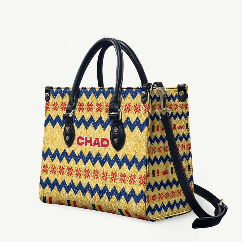 Chad Christmas Leather Bag with Yellow-Blue Geometric Design, National Coat of Arms, and Festive Motif - Wonder Print Shop