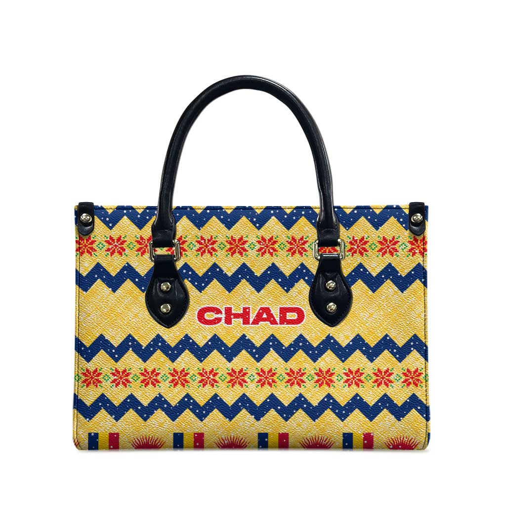 Chad Christmas Leather Bag with Yellow-Blue Geometric Design, National Coat of Arms, and Festive Motif - Wonder Print Shop