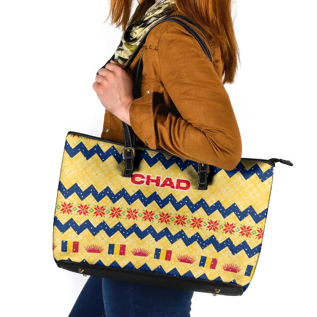 Chad Christmas Leather Tote Bag with Yellow-Blue Geometric Design, National Coat of Arms, and Festive Motif - Wonder Print Shop