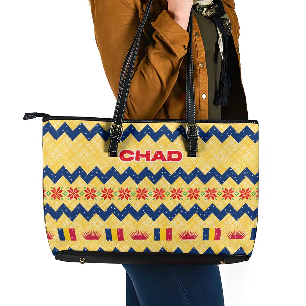 Chad Christmas Leather Tote Bag with Yellow-Blue Geometric Design, National Coat of Arms, and Festive Motif - Wonder Print Shop