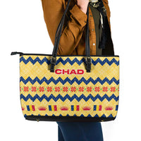 Chad Christmas Leather Tote Bag with Yellow-Blue Geometric Design, National Coat of Arms, and Festive Motif - Wonder Print Shop