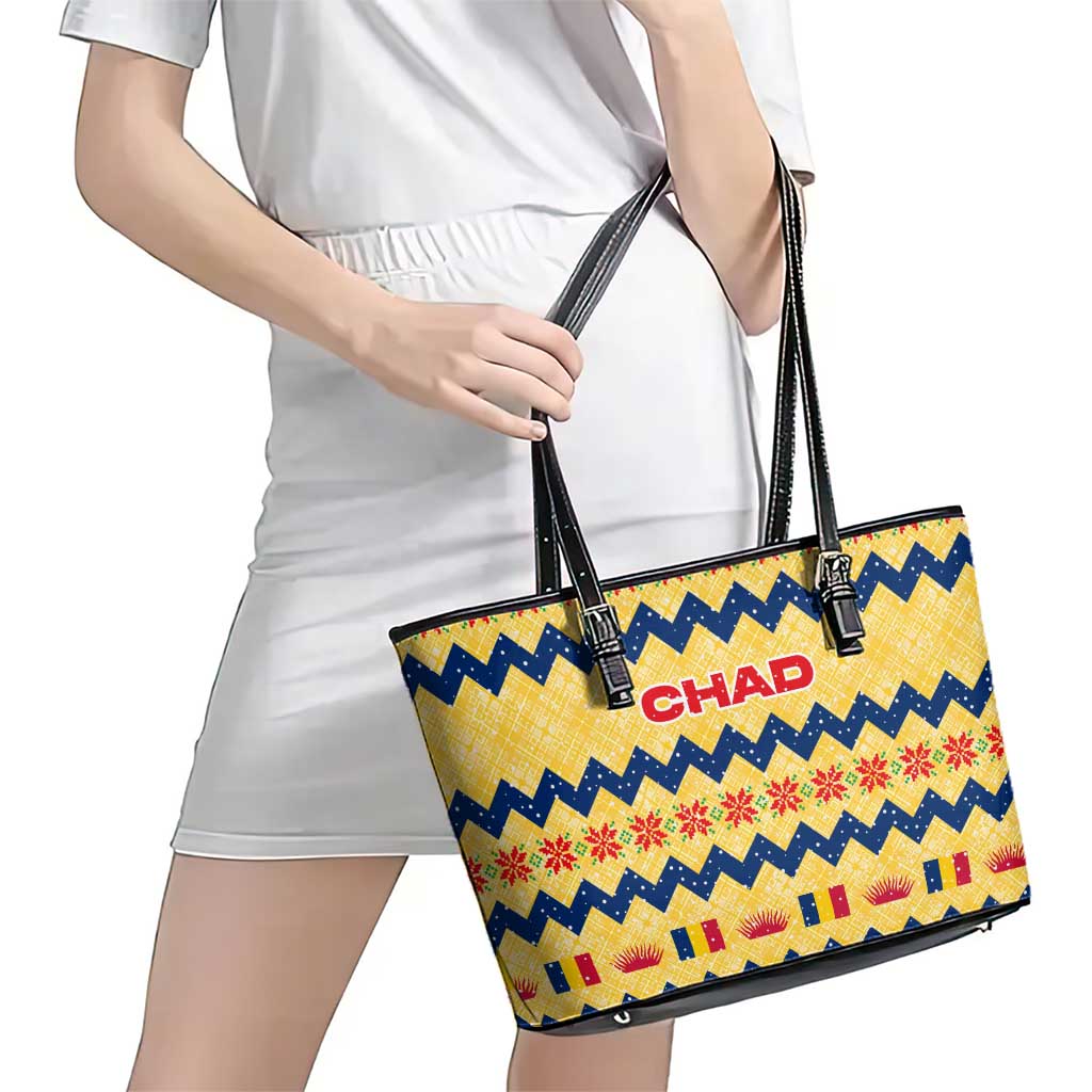 Chad Christmas Leather Tote Bag with Yellow-Blue Geometric Design, National Coat of Arms, and Festive Motif - Wonder Print Shop