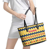 Chad Christmas Leather Tote Bag with Yellow-Blue Geometric Design, National Coat of Arms, and Festive Motif - Wonder Print Shop