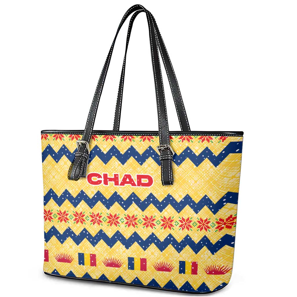 Chad Christmas Leather Tote Bag with Yellow-Blue Geometric Design, National Coat of Arms, and Festive Motif - Wonder Print Shop