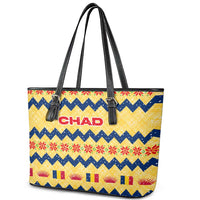 Chad Christmas Leather Tote Bag with Yellow-Blue Geometric Design, National Coat of Arms, and Festive Motif - Wonder Print Shop