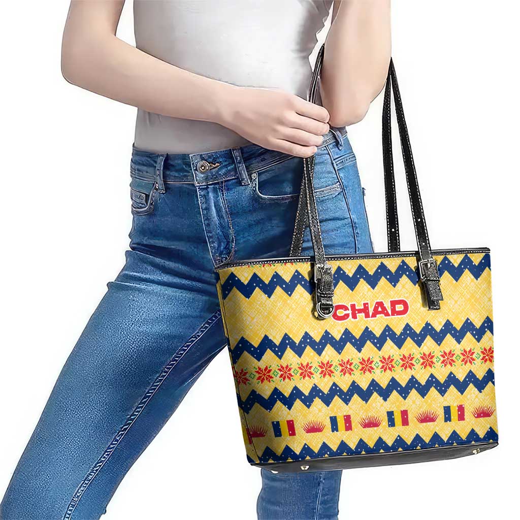 Chad Christmas Leather Tote Bag with Yellow-Blue Geometric Design, National Coat of Arms, and Festive Motif - Wonder Print Shop