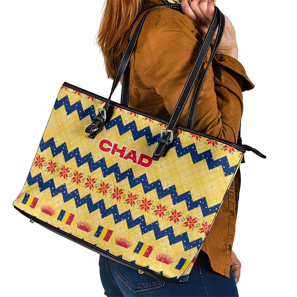 Chad Christmas Leather Tote Bag with Yellow-Blue Geometric Design, National Coat of Arms, and Festive Motif - Wonder Print Shop