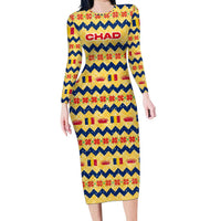 Chad Christmas Long Sleeve Bodycon Dress with Yellow-Blue Geometric Design, National Coat of Arms, and Festive Motif - Wonder Print Shop