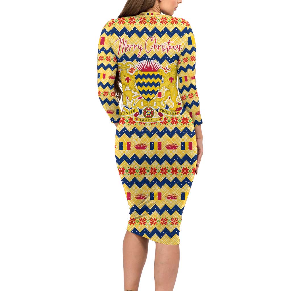 Chad Christmas Long Sleeve Bodycon Dress with Yellow-Blue Geometric Design, National Coat of Arms, and Festive Motif - Wonder Print Shop