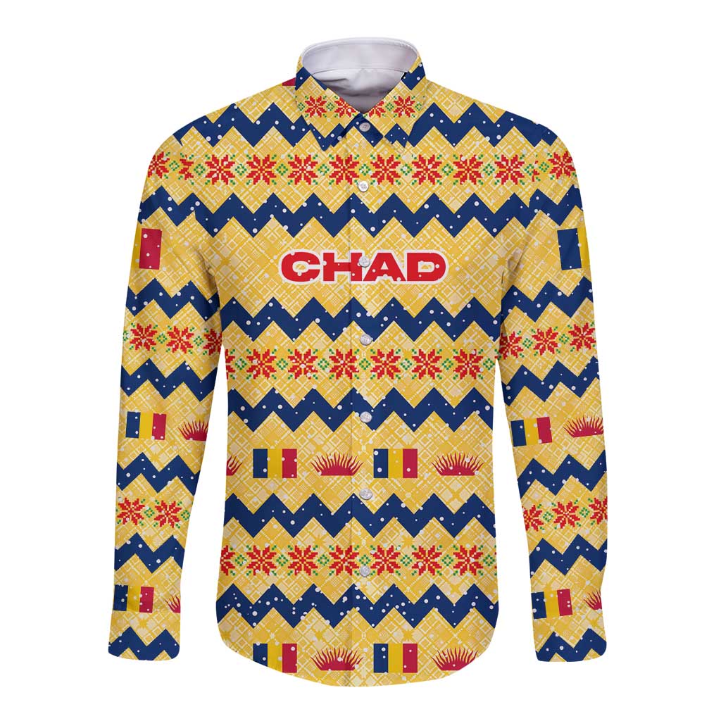 Chad Christmas Long Sleeve Button Shirt with Yellow-Blue Geometric Design, National Coat of Arms, and Festive Motif - Wonder Print Shop