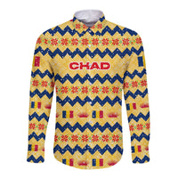 Chad Christmas Long Sleeve Button Shirt with Yellow-Blue Geometric Design, National Coat of Arms, and Festive Motif - Wonder Print Shop