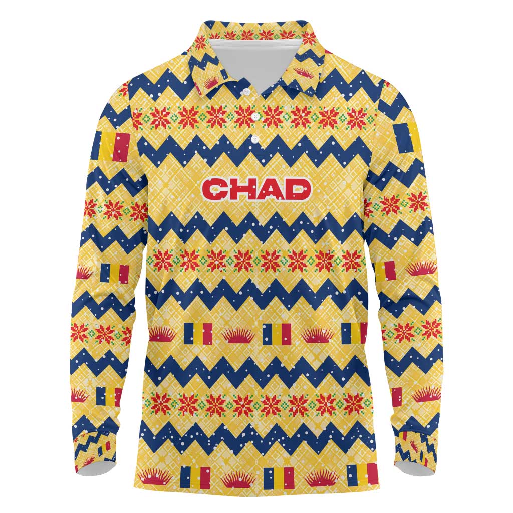 Chad Christmas Long Sleeve Polo Shirt with Yellow-Blue Geometric Design, National Coat of Arms, and Festive Motif - Wonder Print Shop