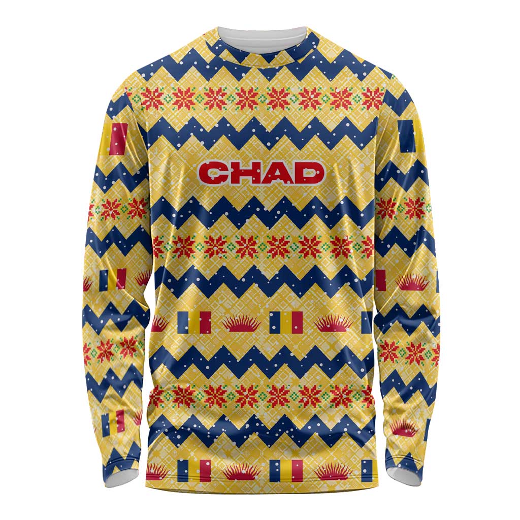 Chad Christmas Long Sleeve Shirt with Yellow-Blue Geometric Design, National Coat of Arms, and Festive Motif - Wonder Print Shop