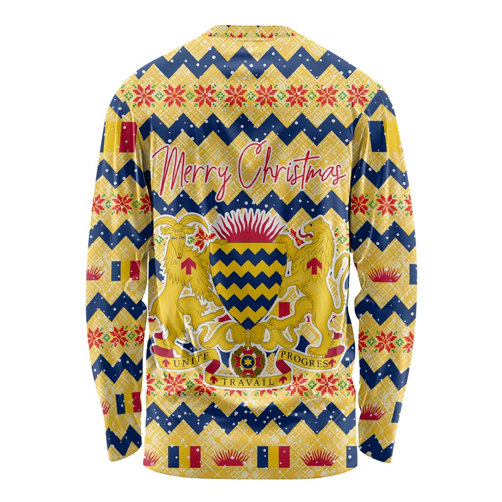 Chad Christmas Long Sleeve Shirt with Yellow-Blue Geometric Design, National Coat of Arms, and Festive Motif - Wonder Print Shop