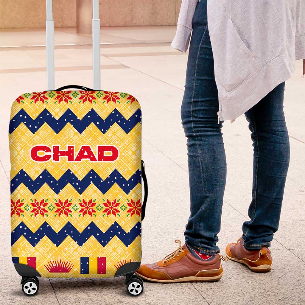 Chad Christmas Luggage Cover with Yellow-Blue Geometric Design, National Coat of Arms, and Festive Motif - Wonder Print Shop