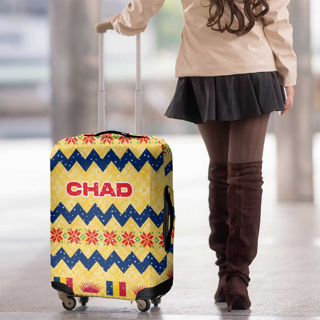 Chad Christmas Luggage Cover with Yellow-Blue Geometric Design, National Coat of Arms, and Festive Motif - Wonder Print Shop
