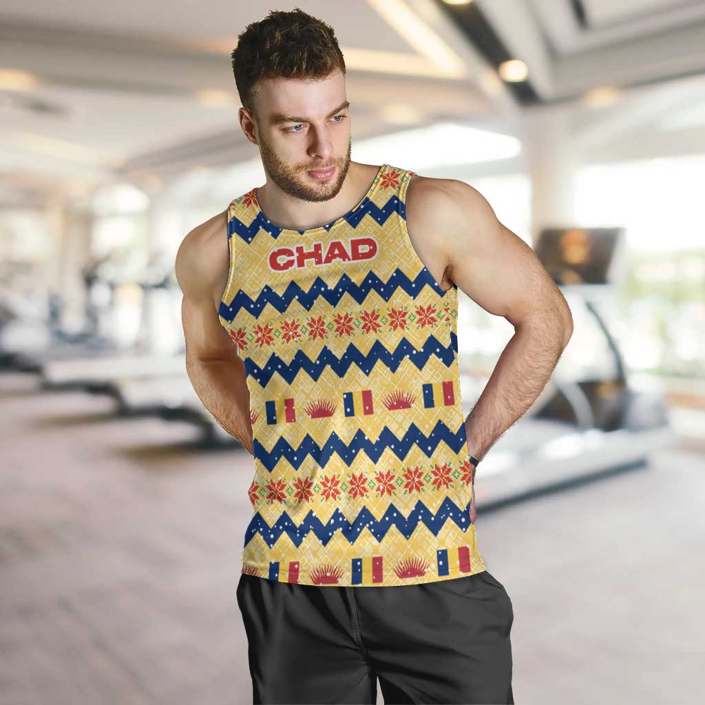 Chad Christmas Men Tank Top with Yellow-Blue Geometric Design, National Coat of Arms, and Festive Motif - Wonder Print Shop