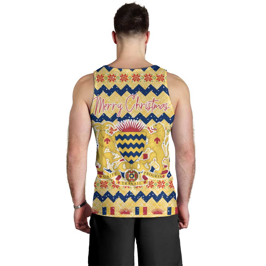 Chad Christmas Men Tank Top with Yellow-Blue Geometric Design, National Coat of Arms, and Festive Motif - Wonder Print Shop