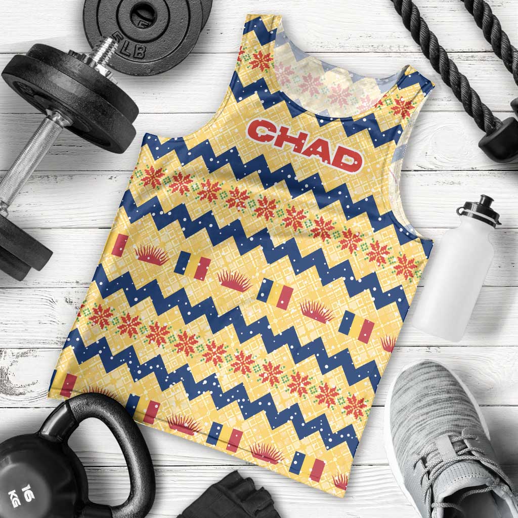 Chad Christmas Men Tank Top with Yellow-Blue Geometric Design, National Coat of Arms, and Festive Motif - Wonder Print Shop
