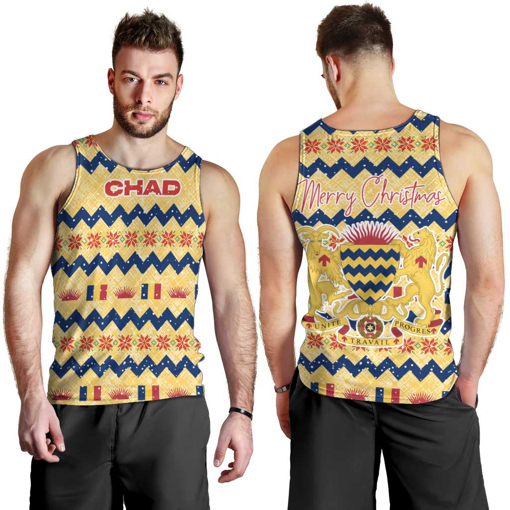 Chad Christmas Men Tank Top with Yellow-Blue Geometric Design, National Coat of Arms, and Festive Motif - Wonder Print Shop