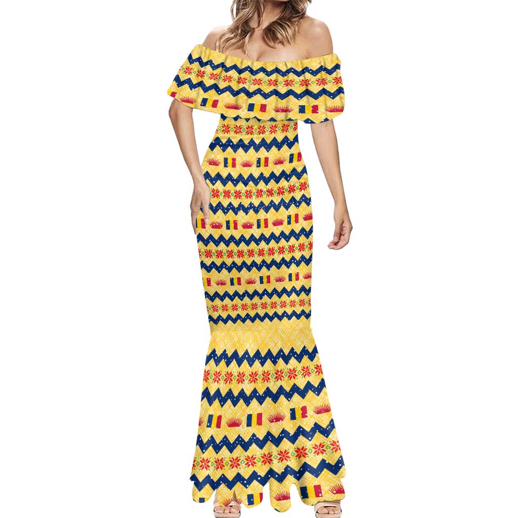Chad Christmas Mermaid Dress with Yellow-Blue Geometric Design, National Coat of Arms, and Festive Motif - Wonder Print Shop