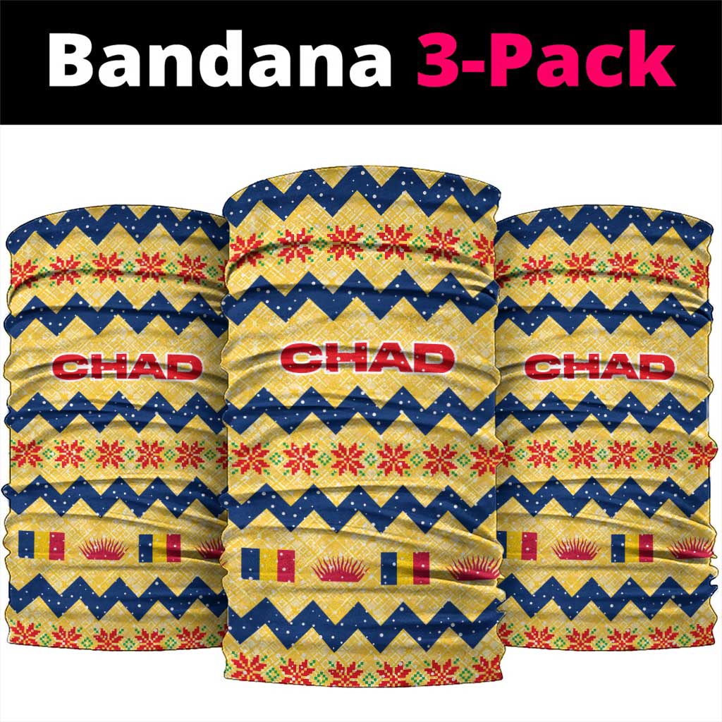 Chad Christmas Neck Gaiter with Yellow-Blue Geometric Design, National Coat of Arms, and Festive Motif - Wonder Print Shop