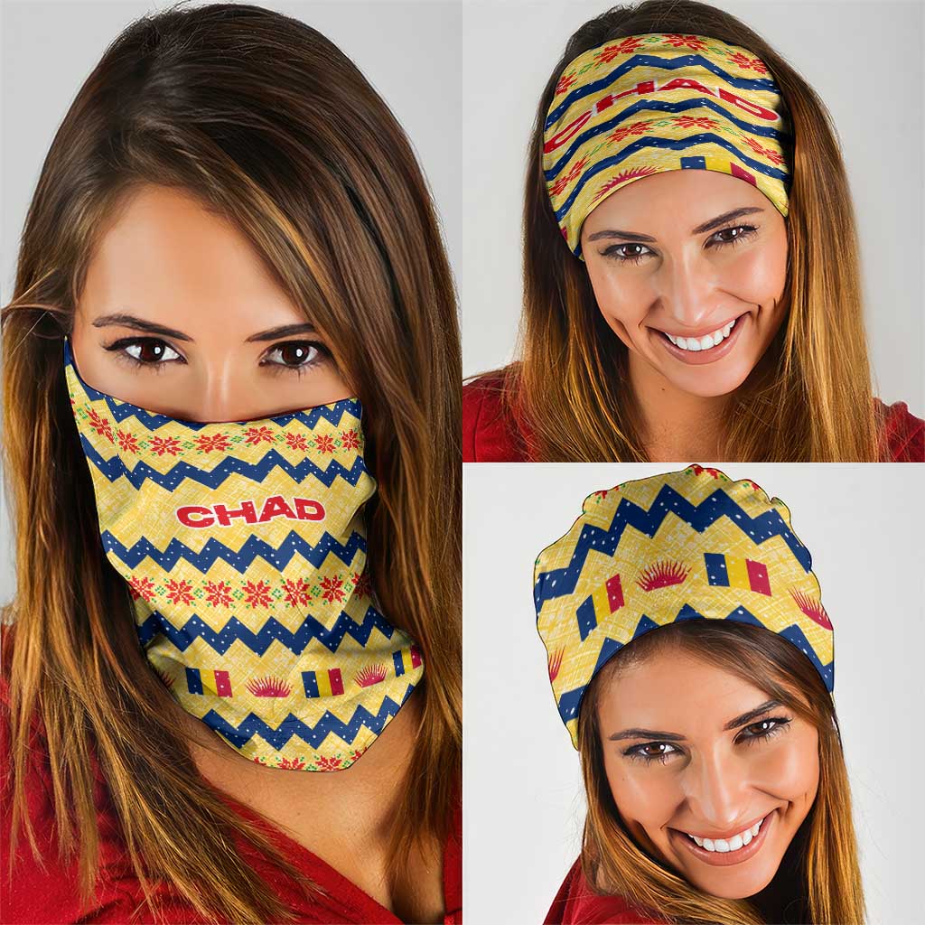 Chad Christmas Neck Gaiter with Yellow-Blue Geometric Design, National Coat of Arms, and Festive Motif - Wonder Print Shop