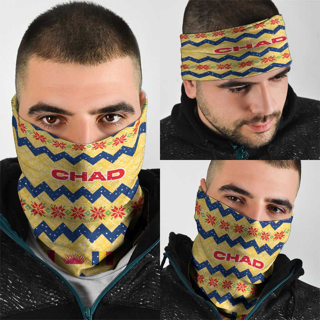 Chad Christmas Neck Gaiter with Yellow-Blue Geometric Design, National Coat of Arms, and Festive Motif - Wonder Print Shop