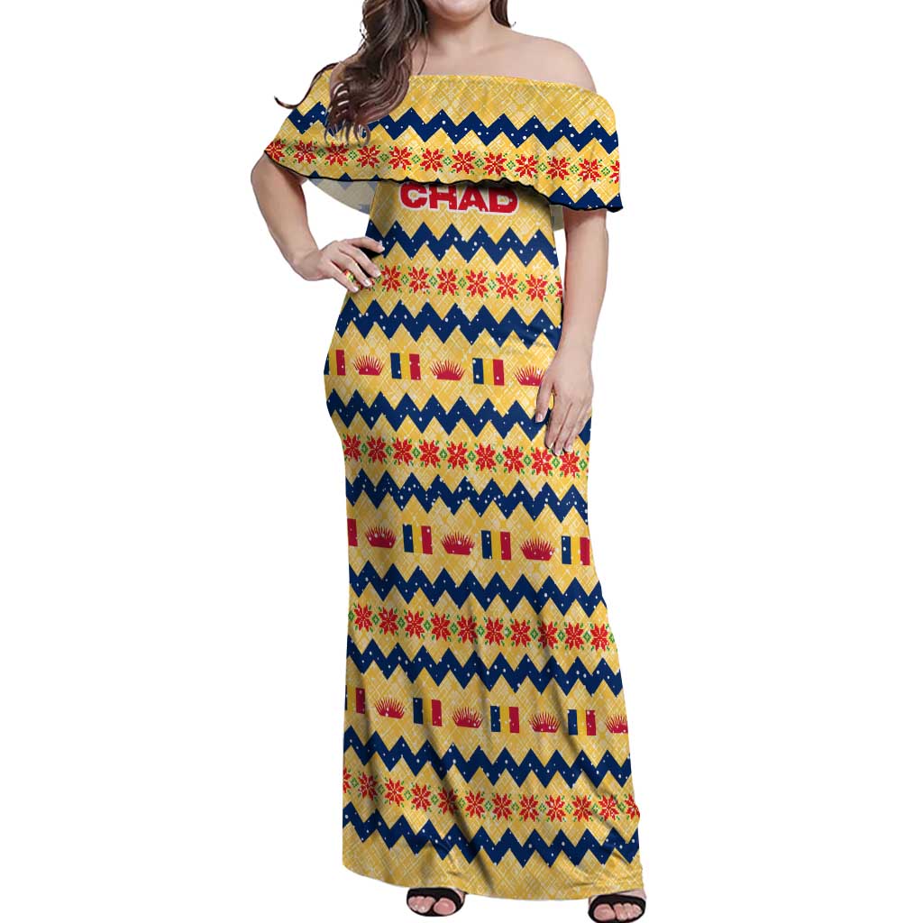 Chad Christmas Off Shoulder Maxi Dress with Yellow-Blue Geometric Design, National Coat of Arms, and Festive Motif - Wonder Print Shop