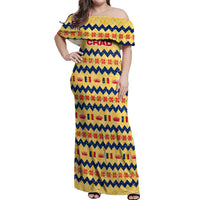 Chad Christmas Off Shoulder Maxi Dress with Yellow-Blue Geometric Design, National Coat of Arms, and Festive Motif - Wonder Print Shop