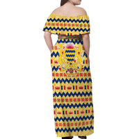 Chad Christmas Off Shoulder Maxi Dress with Yellow-Blue Geometric Design, National Coat of Arms, and Festive Motif - Wonder Print Shop