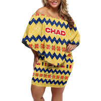 Chad Christmas Off Shoulder Short Dress with Yellow-Blue Geometric Design, National Coat of Arms, and Festive Motif - Wonder Print Shop
