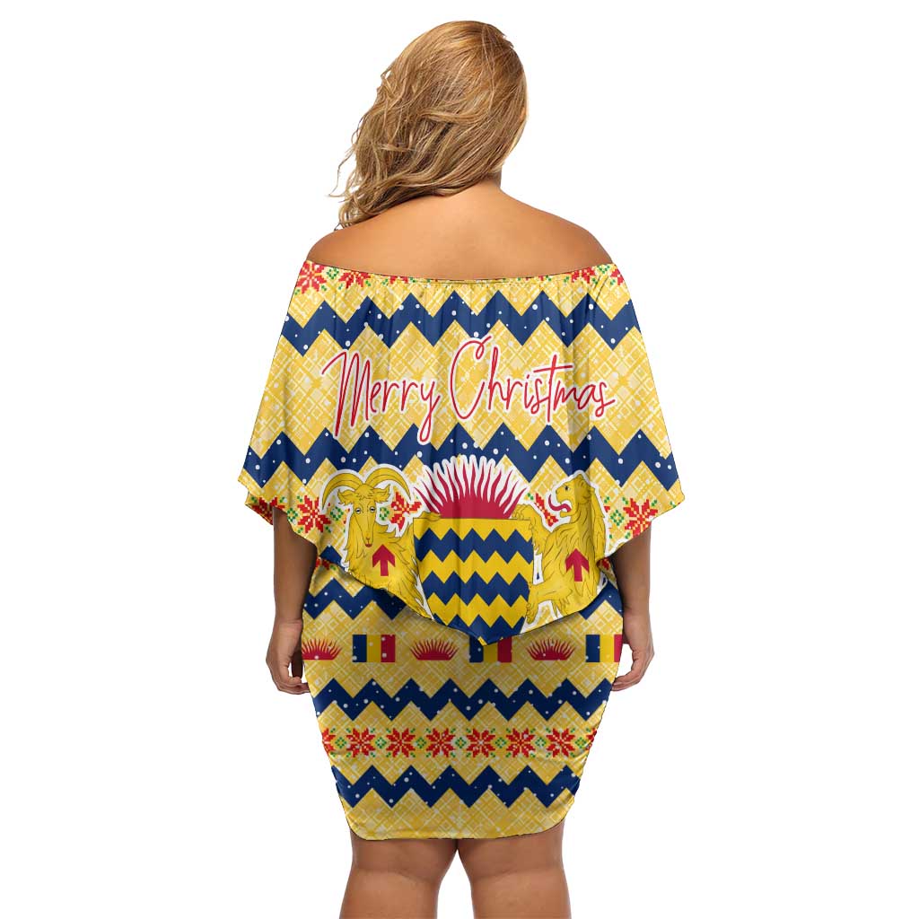 Chad Christmas Off Shoulder Short Dress with Yellow-Blue Geometric Design, National Coat of Arms, and Festive Motif - Wonder Print Shop