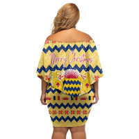 Chad Christmas Off Shoulder Short Dress with Yellow-Blue Geometric Design, National Coat of Arms, and Festive Motif - Wonder Print Shop