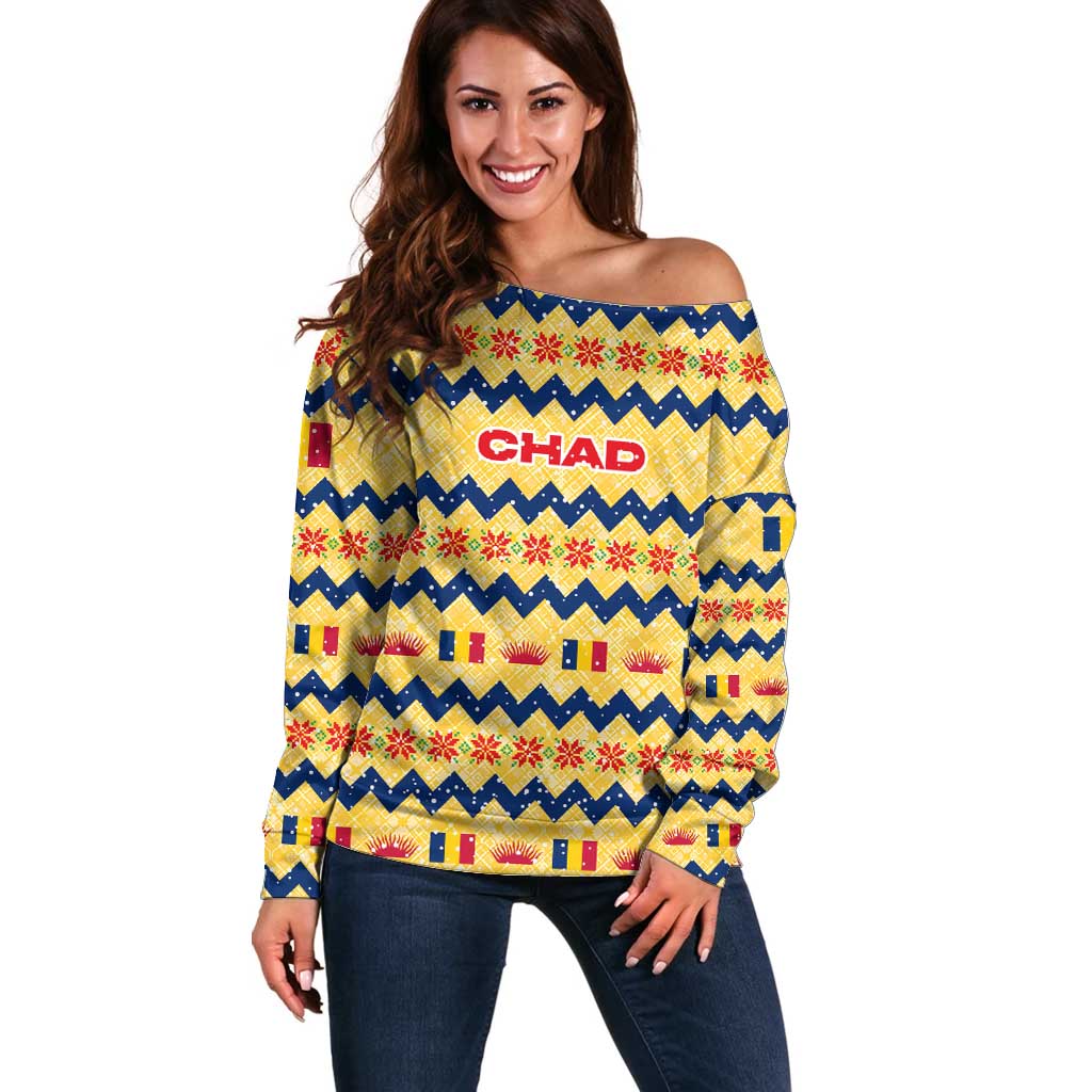 Chad Christmas Off Shoulder Sweater with Yellow-Blue Geometric Design, National Coat of Arms, and Festive Motif - Wonder Print Shop