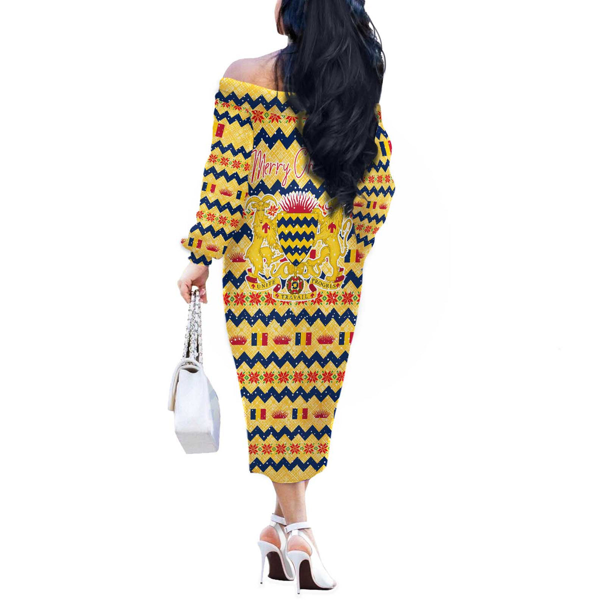 Chad Christmas Off The Shoulder Long Sleeve Dress with Yellow-Blue Geometric Design, National Coat of Arms, and Festive Motif - Wonder Print Shop