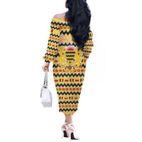Chad Christmas Off The Shoulder Long Sleeve Dress with Yellow-Blue Geometric Design, National Coat of Arms, and Festive Motif - Wonder Print Shop
