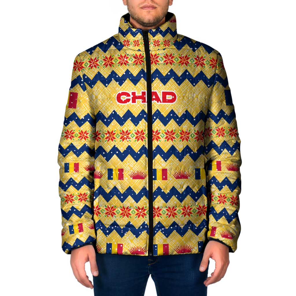 Chad Christmas Padded Jacket with Yellow-Blue Geometric Design, National Coat of Arms, and Festive Motif - Wonder Print Shop