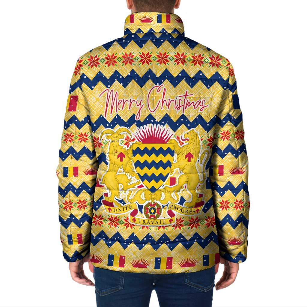 Chad Christmas Padded Jacket with Yellow-Blue Geometric Design, National Coat of Arms, and Festive Motif - Wonder Print Shop