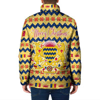 Chad Christmas Padded Jacket with Yellow-Blue Geometric Design, National Coat of Arms, and Festive Motif - Wonder Print Shop