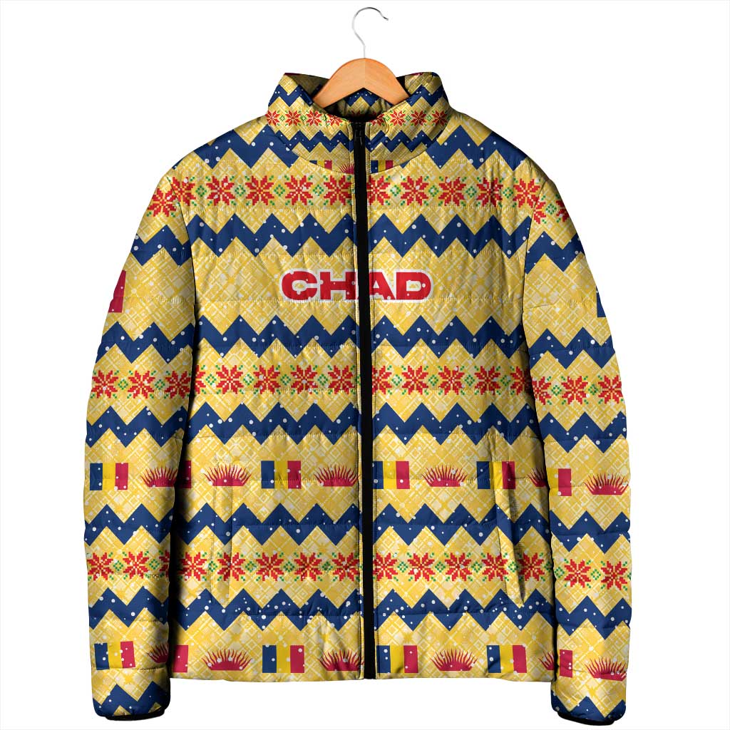 Chad Christmas Padded Jacket with Yellow-Blue Geometric Design, National Coat of Arms, and Festive Motif - Wonder Print Shop