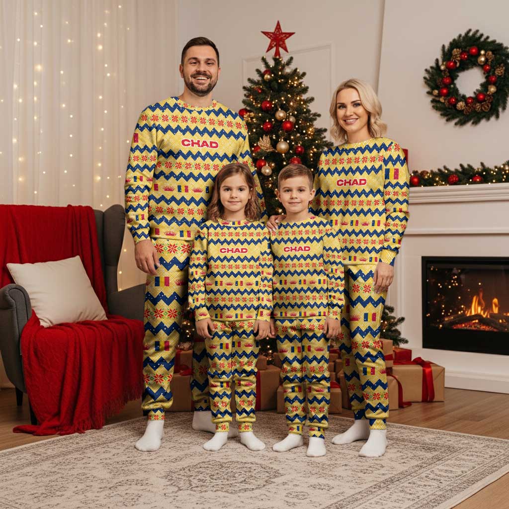 Chad Christmas Pajama Set with Yellow-Blue Geometric Design, National Coat of Arms, and Festive Motif - Wonder Print Shop