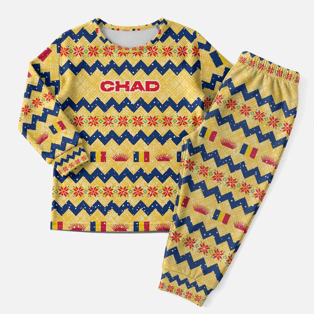 Chad Christmas Pajama Set with Yellow-Blue Geometric Design, National Coat of Arms, and Festive Motif - Wonder Print Shop