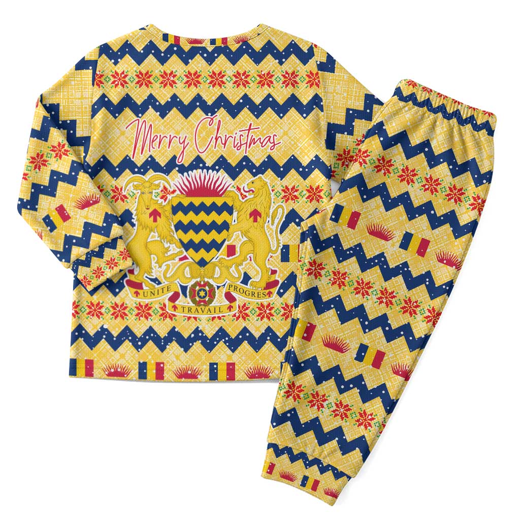 Chad Christmas Pajama Set with Yellow-Blue Geometric Design, National Coat of Arms, and Festive Motif - Wonder Print Shop