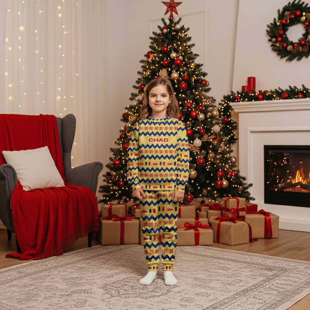 Chad Christmas Pajama Set with Yellow-Blue Geometric Design, National Coat of Arms, and Festive Motif - Wonder Print Shop