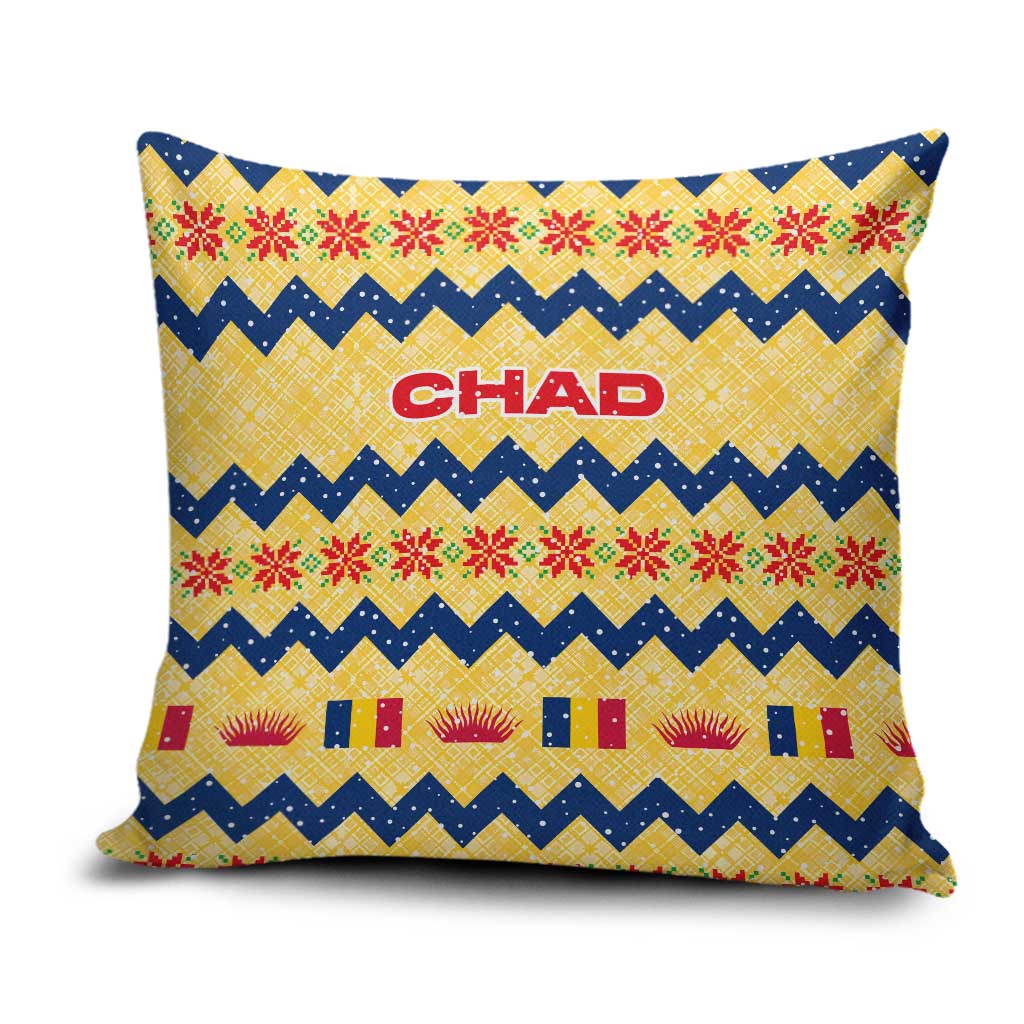 Chad Christmas Pillow Cover with Yellow-Blue Geometric Design, National Coat of Arms, and Festive Motif - Wonder Print Shop